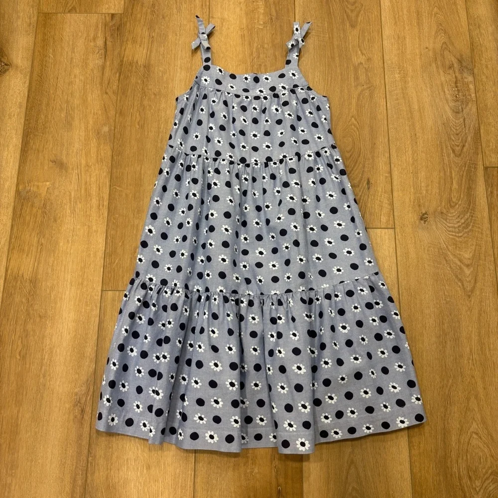 🌟HANNA ANDERSSON🌟 GIRLS CHAMBRAY FLORAL POLKA DOT TIERED SUN DRESS BLUE SZ 10